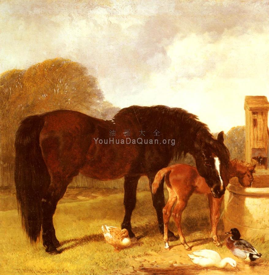 Horse and Foal watering at a trough - 约翰·弗雷德里克·赫尔林